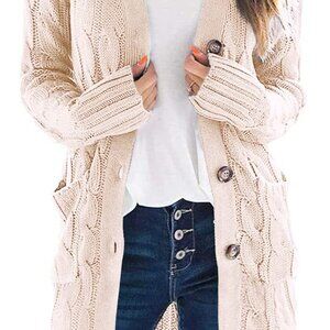 Long Sleeve Cable Knit Chunky Cardigan Open Front Button Sweater with Pockets